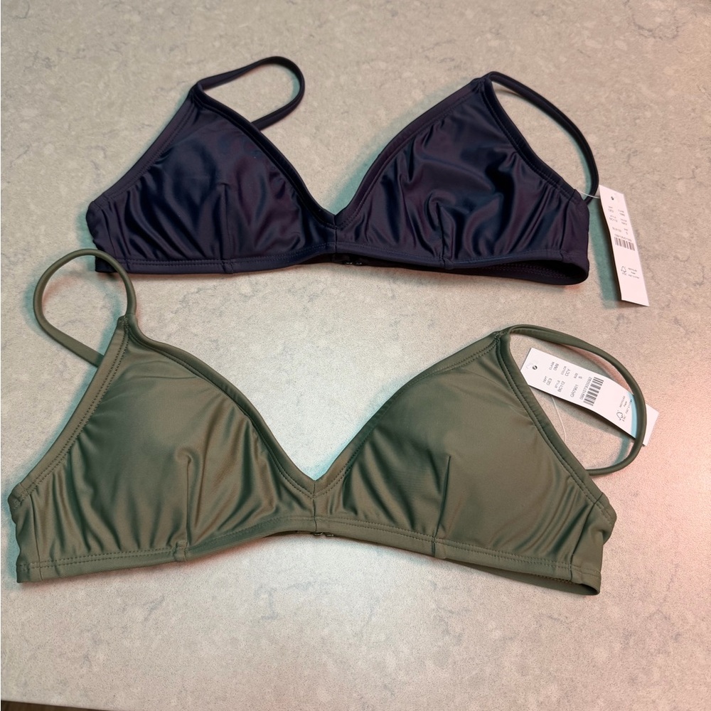 J. Crew Triangle Bikini Tops - Navy and Olive Green size S NWT bundle of 2